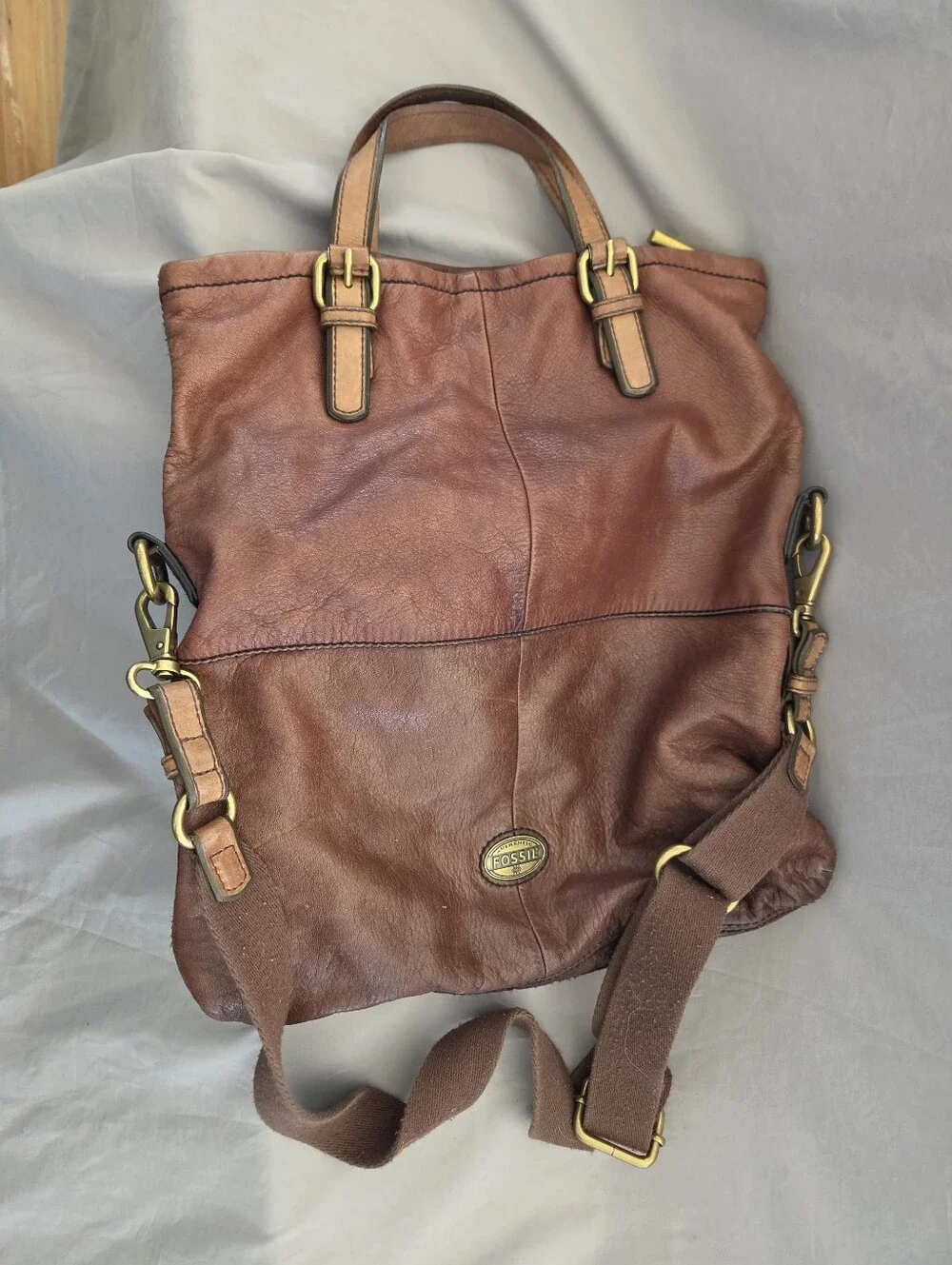 Brown Leather Messenger Bag with Brass Accents By Fossil